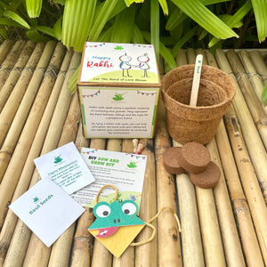 Frog :Kids 3-in-1 Bookmark Plantable Rakhi | Rakhi with Seeds| Combo with a Gardening Kit