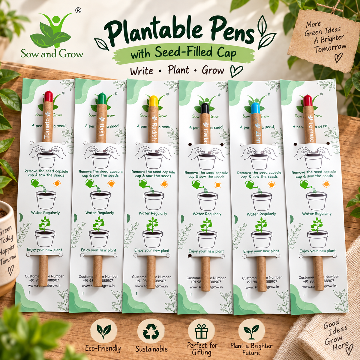Individually Packed Plantable Pens with Seed-Filled Caps | Gift Pack of Eco-Friendly Biodegradable Seed Pens | Write, Plant & Grow