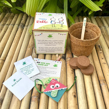 Load image into Gallery viewer, Cute Monster :Kids 3-in-1 Bookmark Plantable Rakhi | Rakhi with Seeds| Combo with a Gardening Kit
