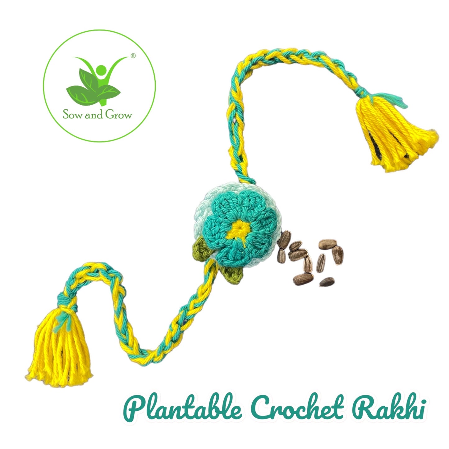 Handmade Premium Plantable Flower Crochet Rakhi with Sunflower Seeds | Colour Blue