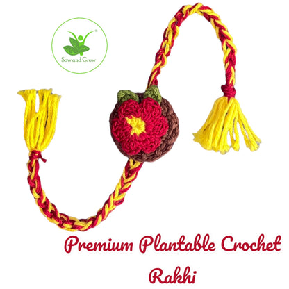 Handmade Premium Plantable Flower Crochet Rakhi with Sunflower Seeds | Colour Red