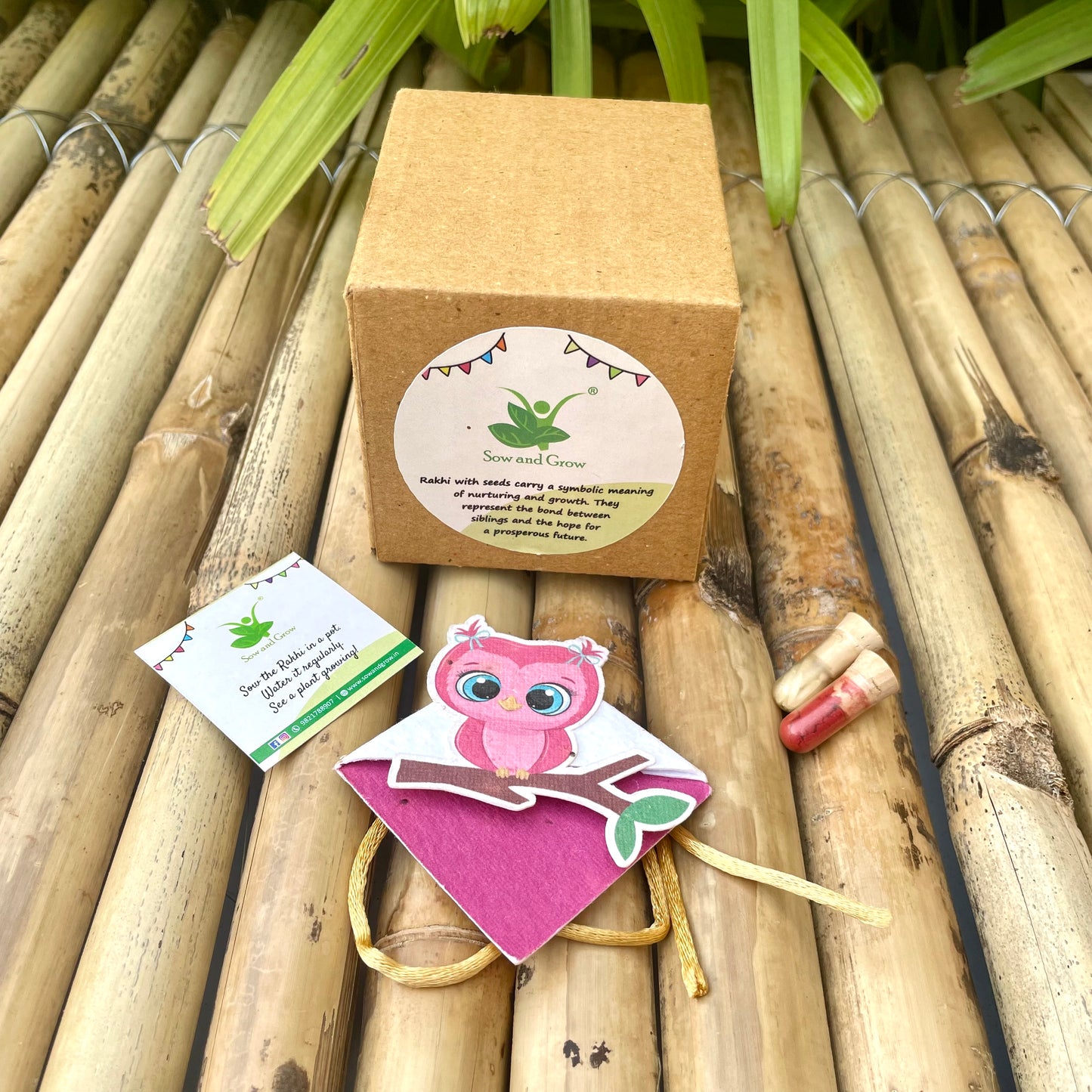 Pink Owl on a Branch: Kids 3-in-1 Bookmark Plantable Rakhi with Roli Chawal Combo