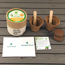 Load image into Gallery viewer, Sow and Grow® mini gardening kit with biodegradable pots, seed packets for Tulsi and Marigold, and growing medium.
