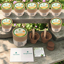 Load image into Gallery viewer, Sow and Grow® mini grow kit set of 8 with biodegradable pots, tulsi and marigold seeds, and gardening instructions.
