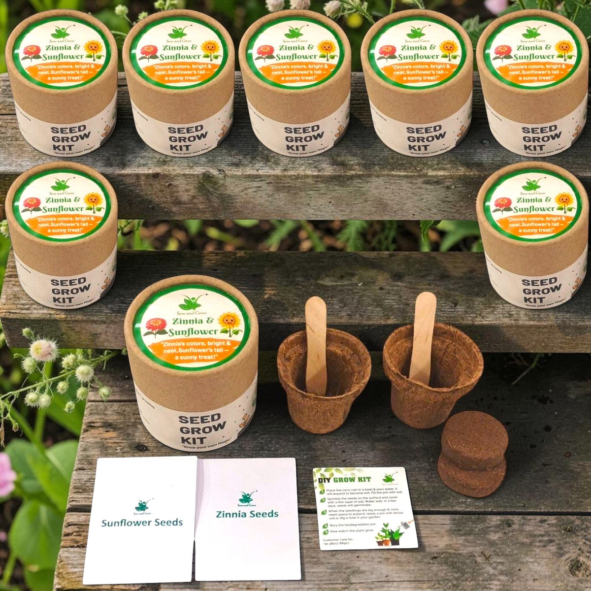 Sow and Grow® mini grow kit set of 8 with zinnia and sunflower seeds, biodegradable pots, and soil discs.
