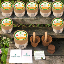 Load image into Gallery viewer, Sow and Grow® mini grow kit set of 8 with zinnia and sunflower seeds, biodegradable pots, and soil discs.
