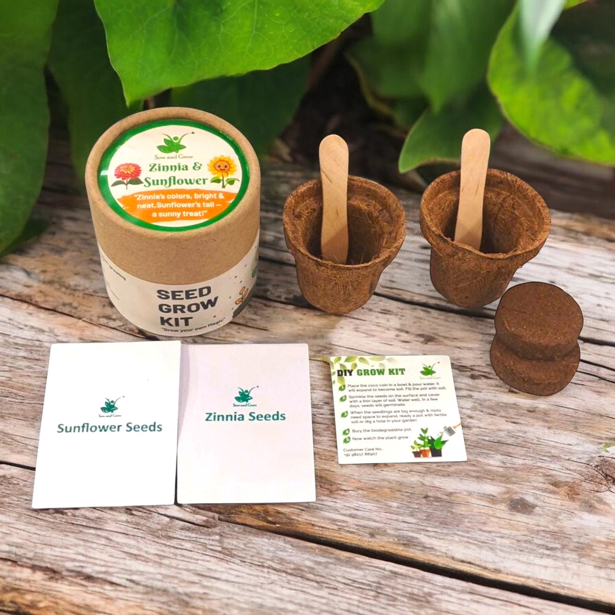 Sow and Grow® mini gardening kit with biodegradable pots, seed packets, and soil discs for zinnia and sunflower