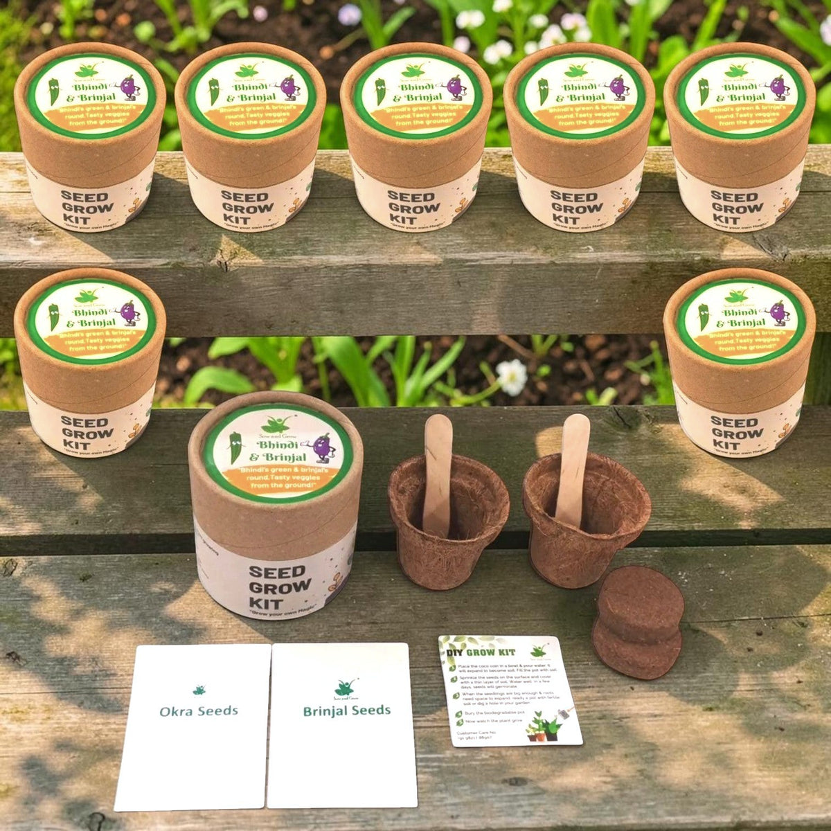 Sow and Grow® mini vegetable grow kit set with biodegradable pots, seeds, and growing medium on a wooden surface.