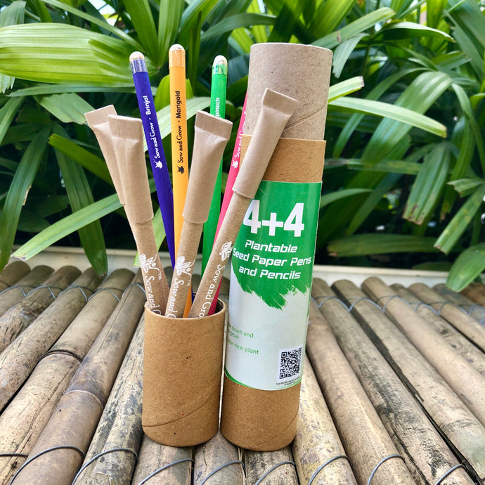 Sow and Grow Plantable 4+4 Combo : 4 Seed Pencils + 4 Seed Paper Pens in a Re-usable Stationary Box