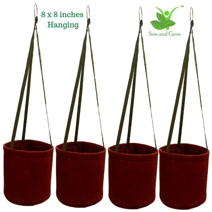 Geo Fabric Hanging Grow Bag || Heavy Duty 500 GSM || For Decorative Plants, Flowers || Size 8 x 8 inches || Set of 4