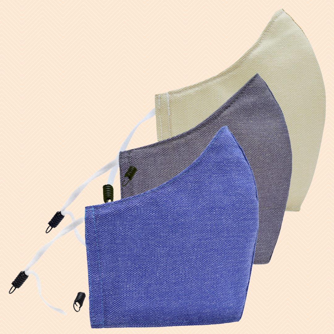 Pack of 3 Dark Blue, Beige, Grey | Conical Protective Face Cover with a Pocket, Adjustable Ear Loops and Nose Wire