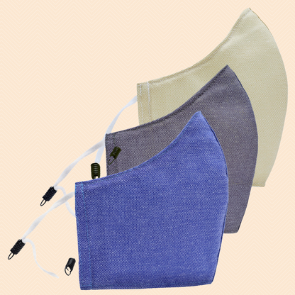 Pack of 3 Dark Blue, Beige, Grey | Conical Protective Face Cover with a Pocket, Adjustable Ear Loops and Nose Wire