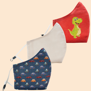 Pack of 3 Dinosaur on Red, White, Car | Conical Protective Face Cover with a Pocket, Adjustable Ear Loops and Nose Wire