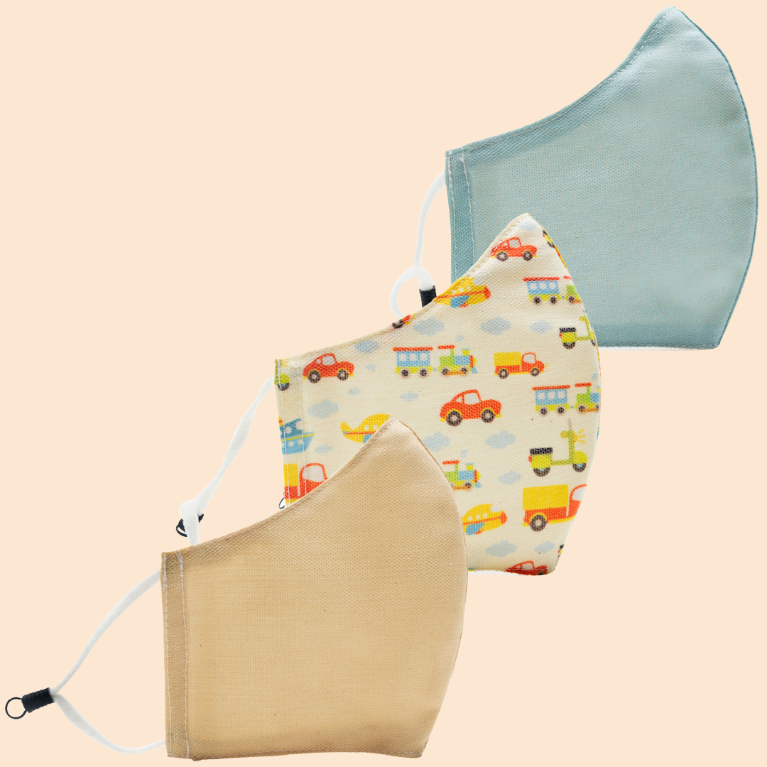 Pack of 3 Light Blue, Transport, Beige | Conical Protective Face Cover with a Pocket, Adjustable Ear Loops and Nose Wire