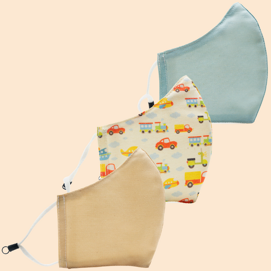 Pack of 3 Light Blue, Transport, Beige | Conical Protective Face Cover with a Pocket, Adjustable Ear Loops and Nose Wire