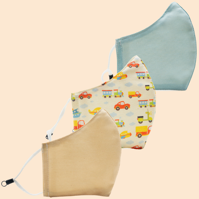 Pack of 3 Light Blue, Transport, Beige | Conical Protective Face Cover with a Pocket, Adjustable Ear Loops and Nose Wire