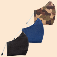Load image into Gallery viewer, Pack of 3 Dark Blue, Camouflage, Black | Conical Protective Face Cover with a Pocket, Adjustable Ear Loops and Nose Wire

