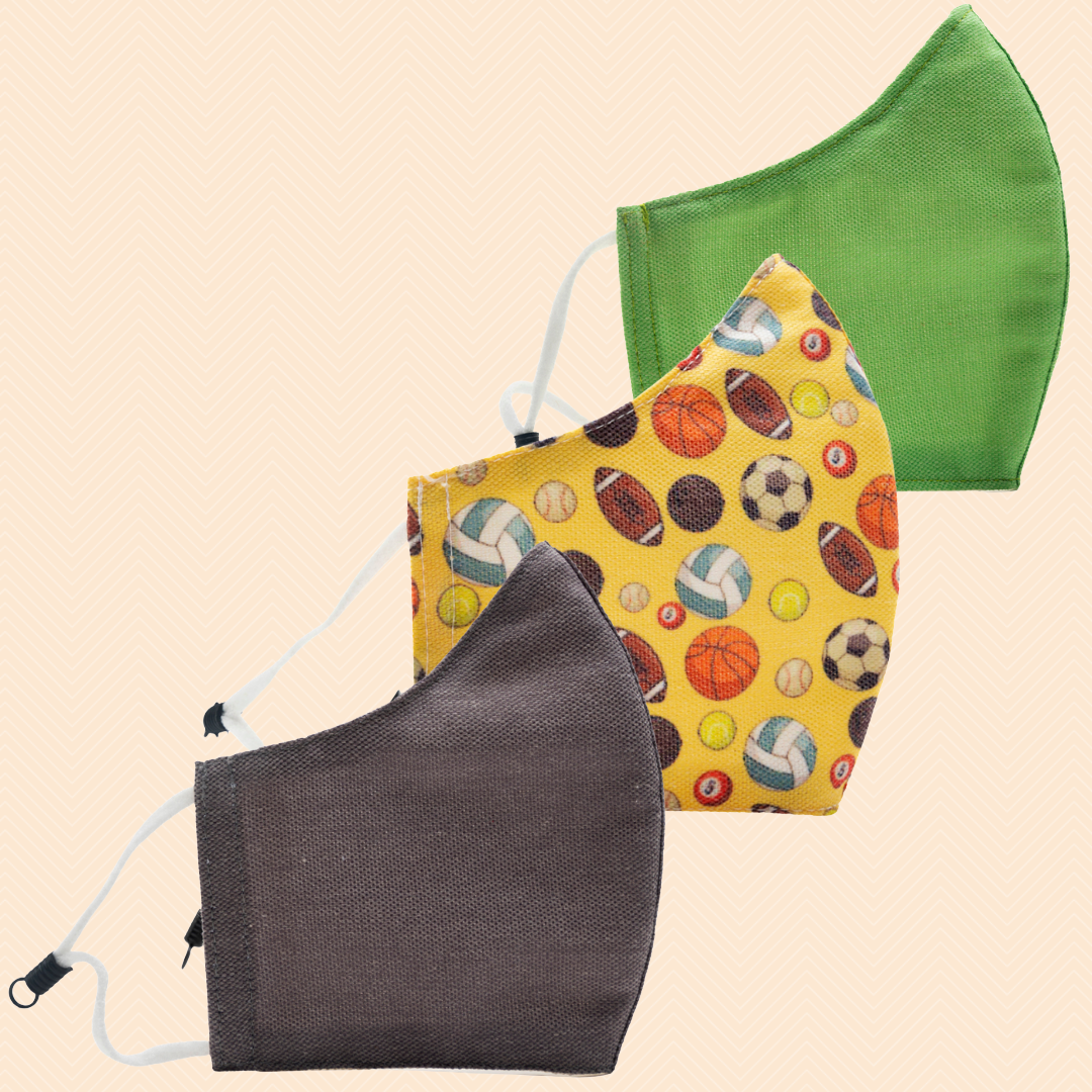 Pack of 3 Light Green, Sports, Grey | Conical Protective Face Cover with a Pocket, Adjustable Ear Loops and Nose Wire