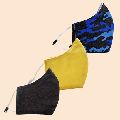 Pack of 3 Yellow, Camouflage Blue, Black | Conical Protective Face Cover with a Pocket, Adjustable Ear Loops and Nose Wire