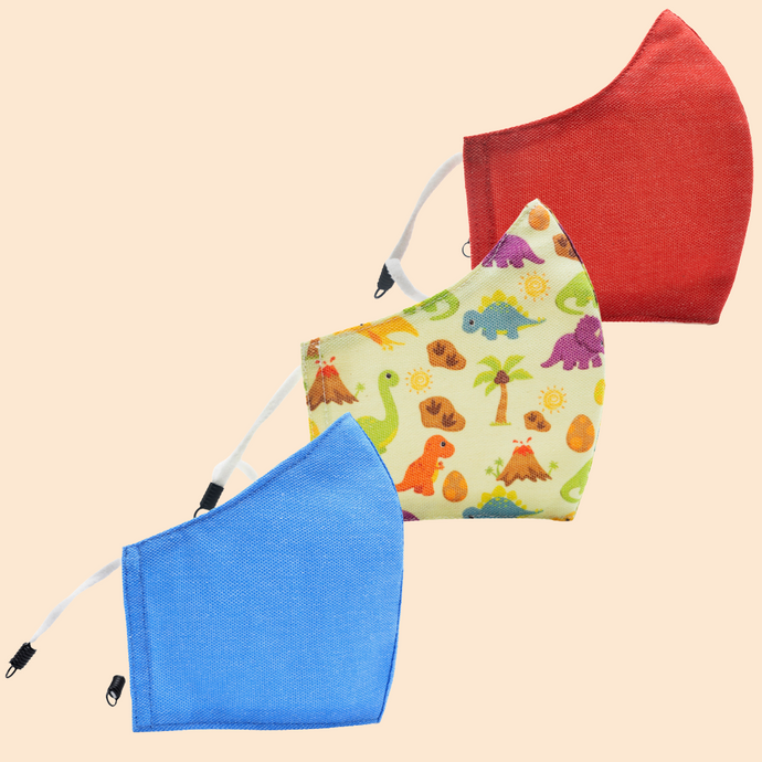 Pack of 3 Red, Dinosaur, Sky Blue | Conical Protective Face Cover with a Pocket, Adjustable Ear Loops and Nose Wire