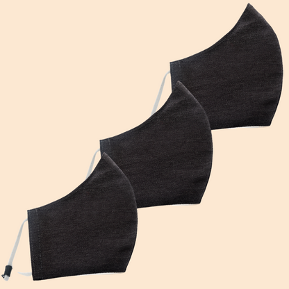 Pack of 3 Black Solid Colour | Conical Protective Face Cover with a Pocket, Adjustable Ear Loops and Nose Wire