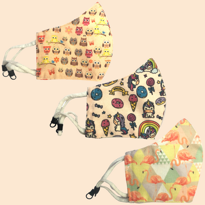 Pack of 3 Owl, Unicorn, Flamingo Theme | Conical Protective Face Cover with a Pocket, Adjustable Ear Loops and Nose Wire