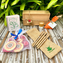 Load image into Gallery viewer, Wooden Box Hamper: Plantable Mini Notepad + Diwali Themed Chocolates + 2 Seeds + 5 Plantable Pens
