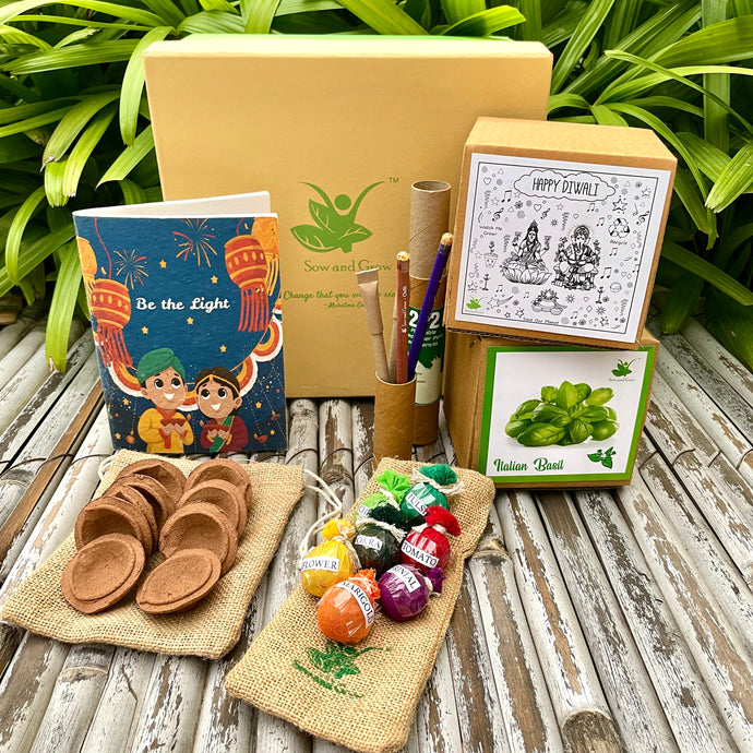 Ultimate MegaBox: Plantable Ganesha and Lakshmiji + Gardening Kit + 7 Seed Balls + Organic Cow Dung Diya + Diary + 2 Plantable Pens and Pencils