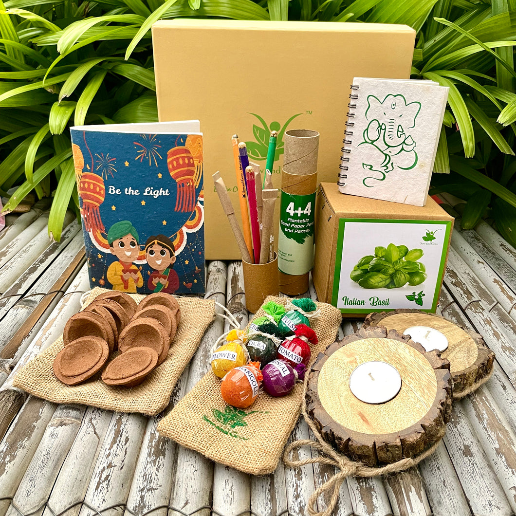MegaBox with Tealight Holders: 2 Premium Tealights + Gardening Kit + 7 Seed Balls + Organic Cow Dung Diya + Diary + 4 Plantable Pens and Pencils