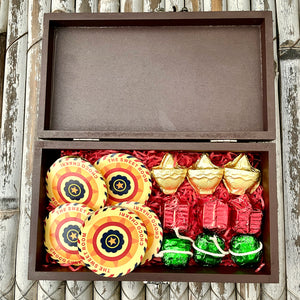 Diwali Themed Chocolates in a Wooden Box: Set of 3 Assorted Designs