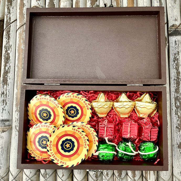 Cracker Themed Chocolates in a Wooden Box: Lakshmiji Design