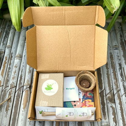 Ecofriendly Assorted Hamper:  Plantable Diary + Seed Pen + Mini Grow Kit of Marigold + Ganesha Shadow Tealight Holder