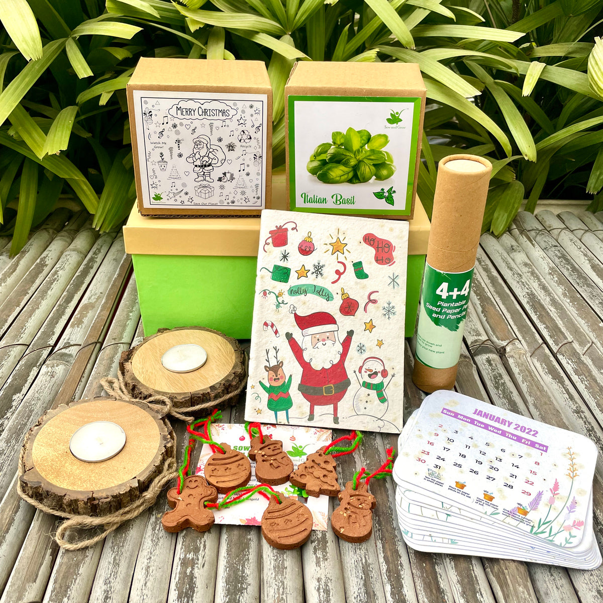 Christmas Gift Hamper: Plantable Hangings + Stationary + Gardening Kit + Tea light Holders