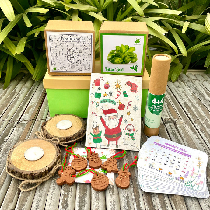 Christmas Gift Hamper: Plantable Hangings + Stationary + Gardening Kit + Tea light Holders