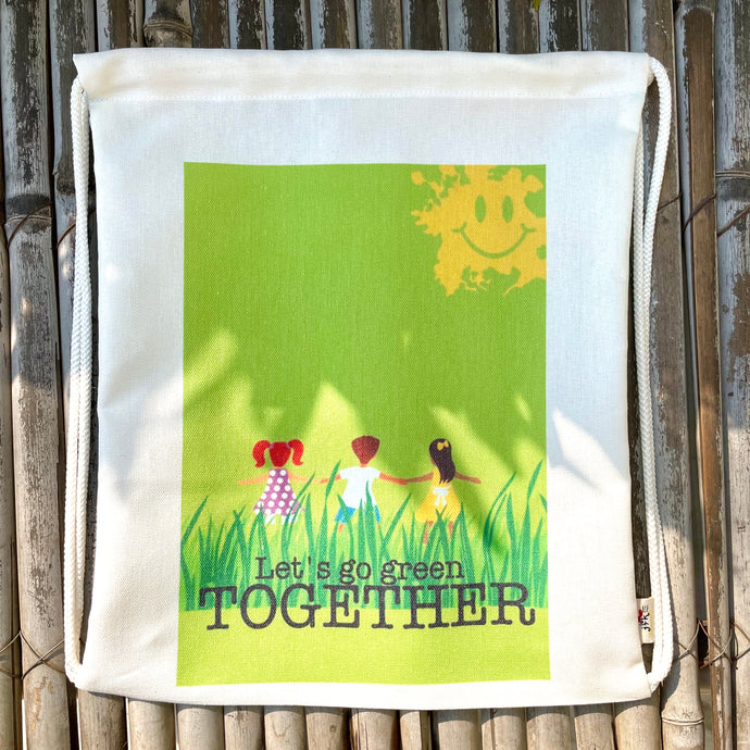 Let's Go Green Together | Set of 3 Eco-friendly Canvas Drawstring Bags | Great for Personal Use or Gifting