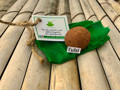 Plantable Tulsi Seed Balls | Gift Pack of 10 | Individually Packed in Cloth Potlis | Eco-Friendly Beej Balls for Gifting | Grow Holy Basil at Home