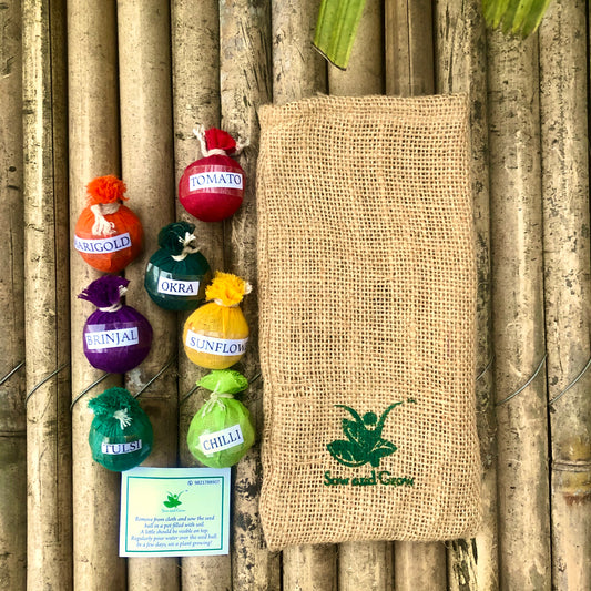 Plantable Seed Balls Assorted – Pack of 7 in Eco-Friendly Jute Potli | Grow Flowers or Vegetables | Gardening Gift | Kids DIY Activity
