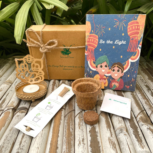 Ecofriendly Assorted Hamper:  Plantable Diary + Seed Pen + Mini Grow Kit of Marigold + Ganesha Shadow Tealight Holder